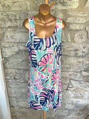 Tropical Print Tank Dress in Aqua & Pink